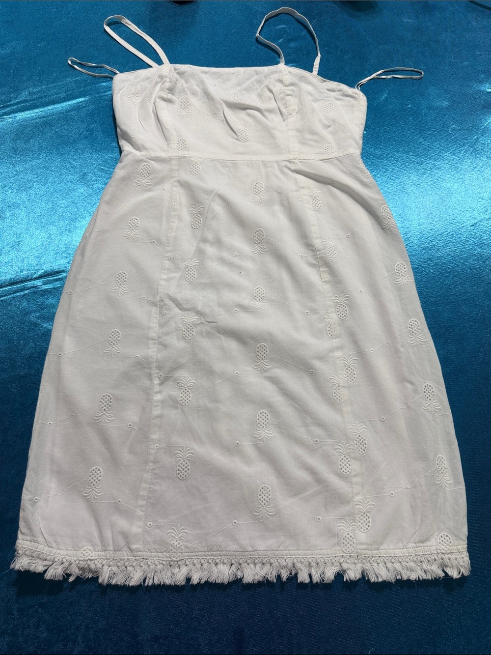 Japna White Embroidered Spaghetti-Strap Mini Dress with Fringe Hem
